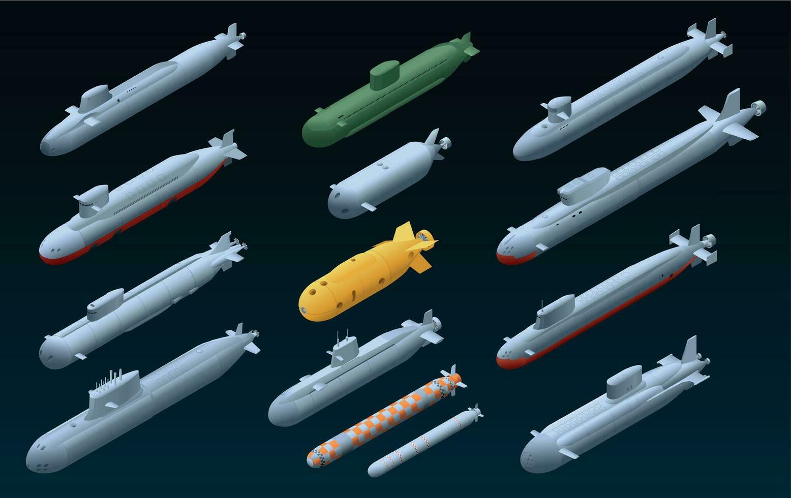 Submarine Vessels Isometric Set vector