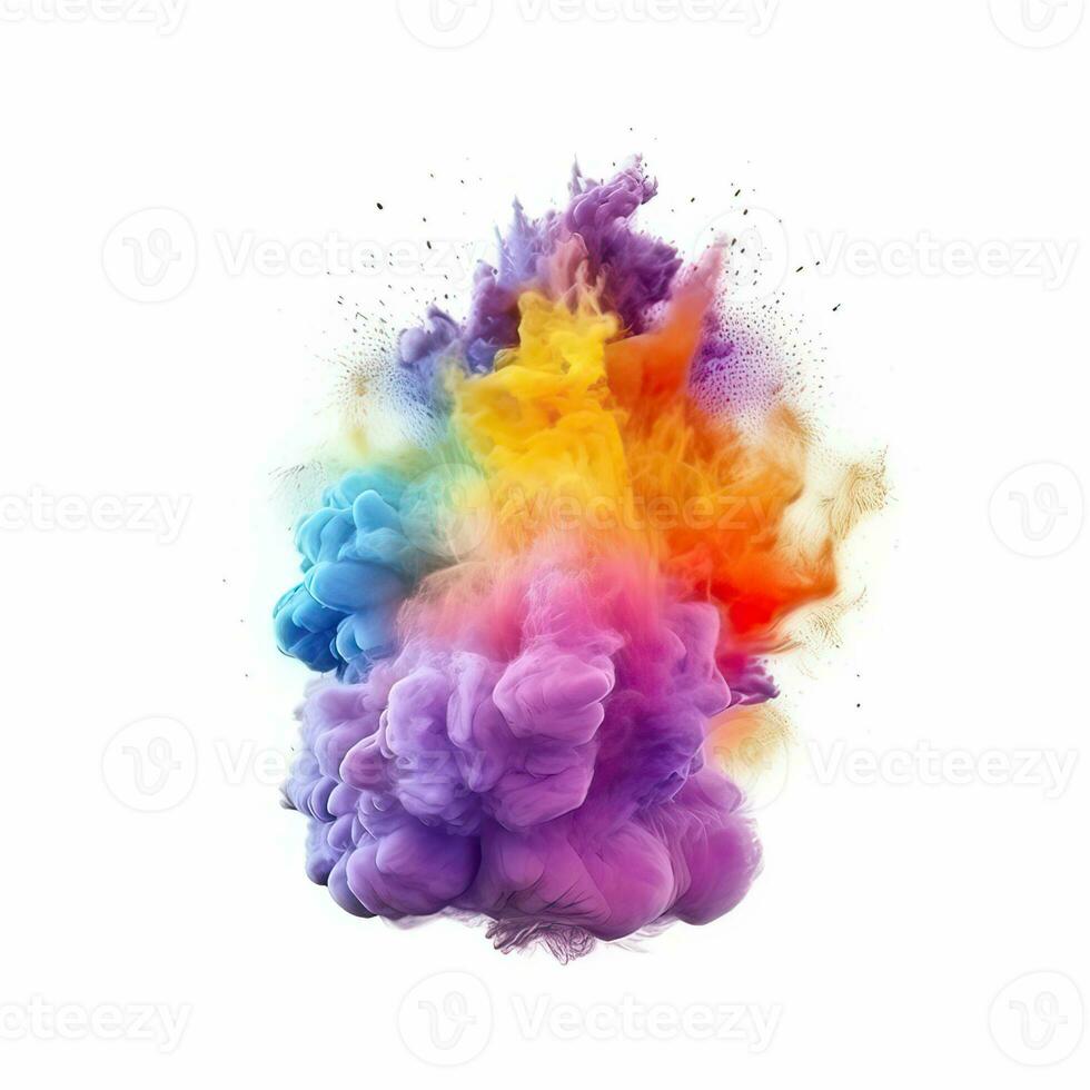 Colorful rainbow cloud explosion on white background. Multicolored powder explosion on white background. Generative AI illustration. photo