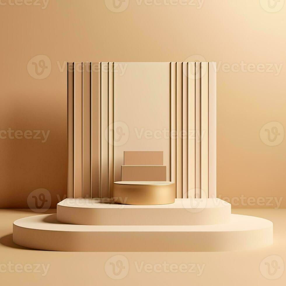 Product podium stand. 3d products display mockup background. Studio template and white round shape pedestal. Generative AI illustration. photo