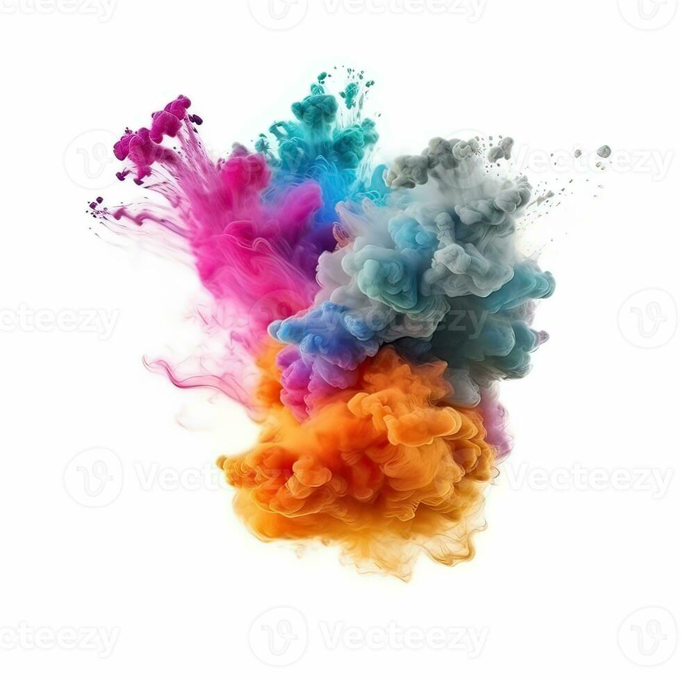 Colorful rainbow cloud explosion on white background. Multicolored powder explosion on white background. Generative AI illustration. photo