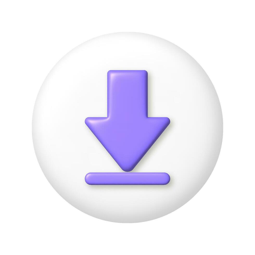 Purple 3D down arrow icon on white button. 3d cartoon vector illustration.