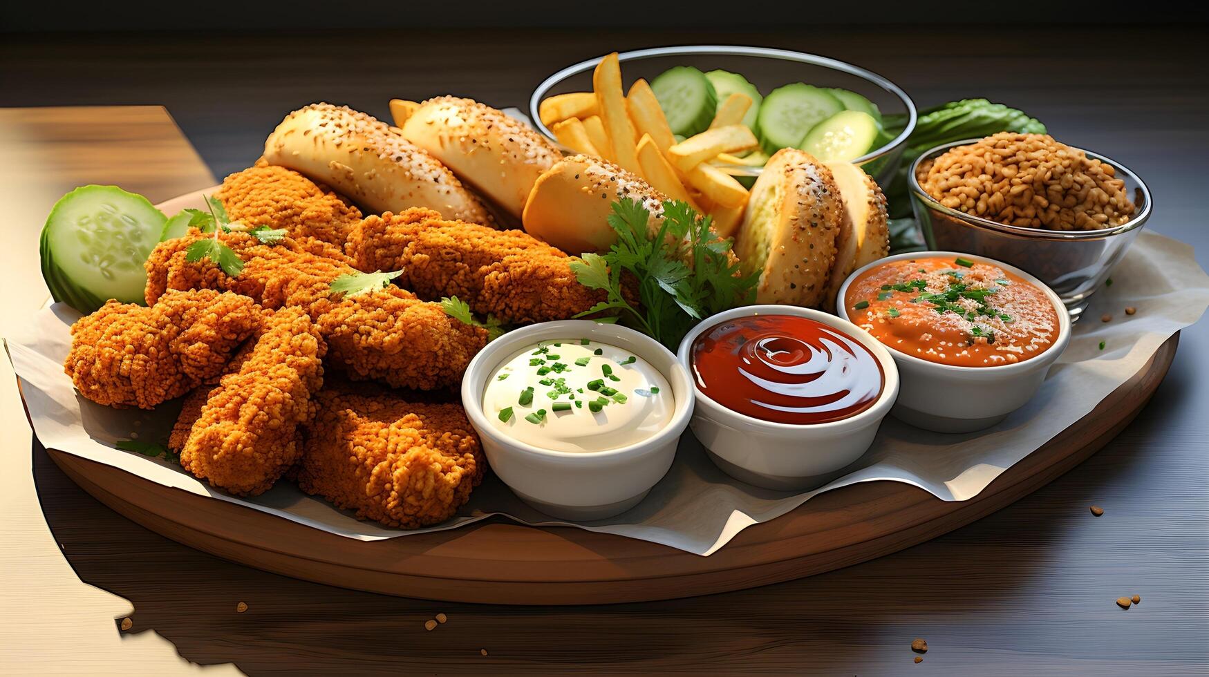 a tray of food on a table with dips and sauces. photo