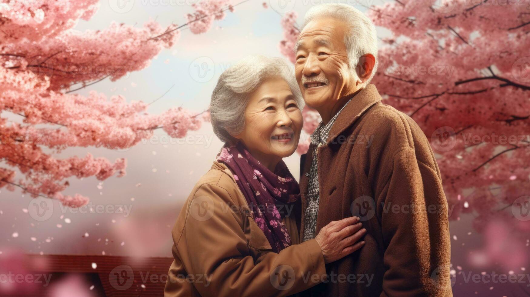 contento antiguo Pareja sonriente en un parque. japonés mayor Pareja en sakura flores foto