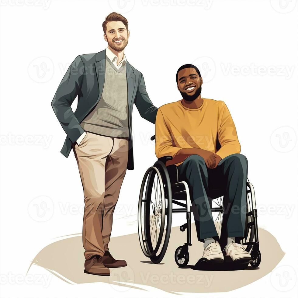 Disabled man in a wheelchair with his friend. photo