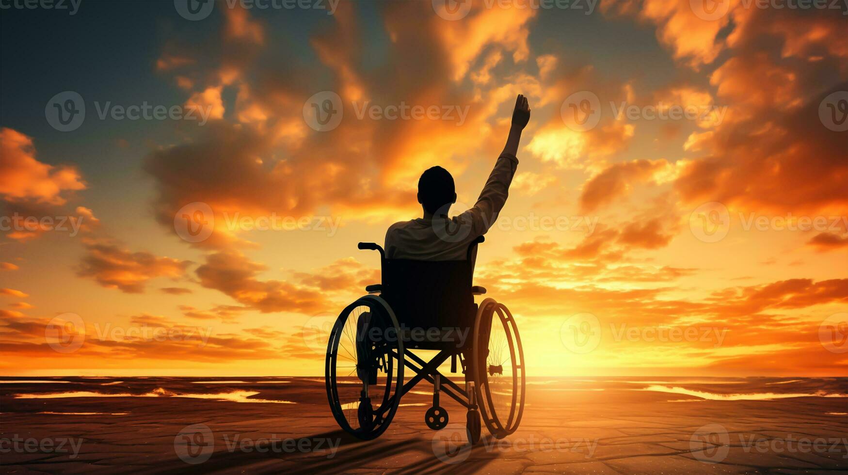 silueta de discapacitado hombre en silla de ruedas a el playa durante atardecer, inhabilitar día foto
