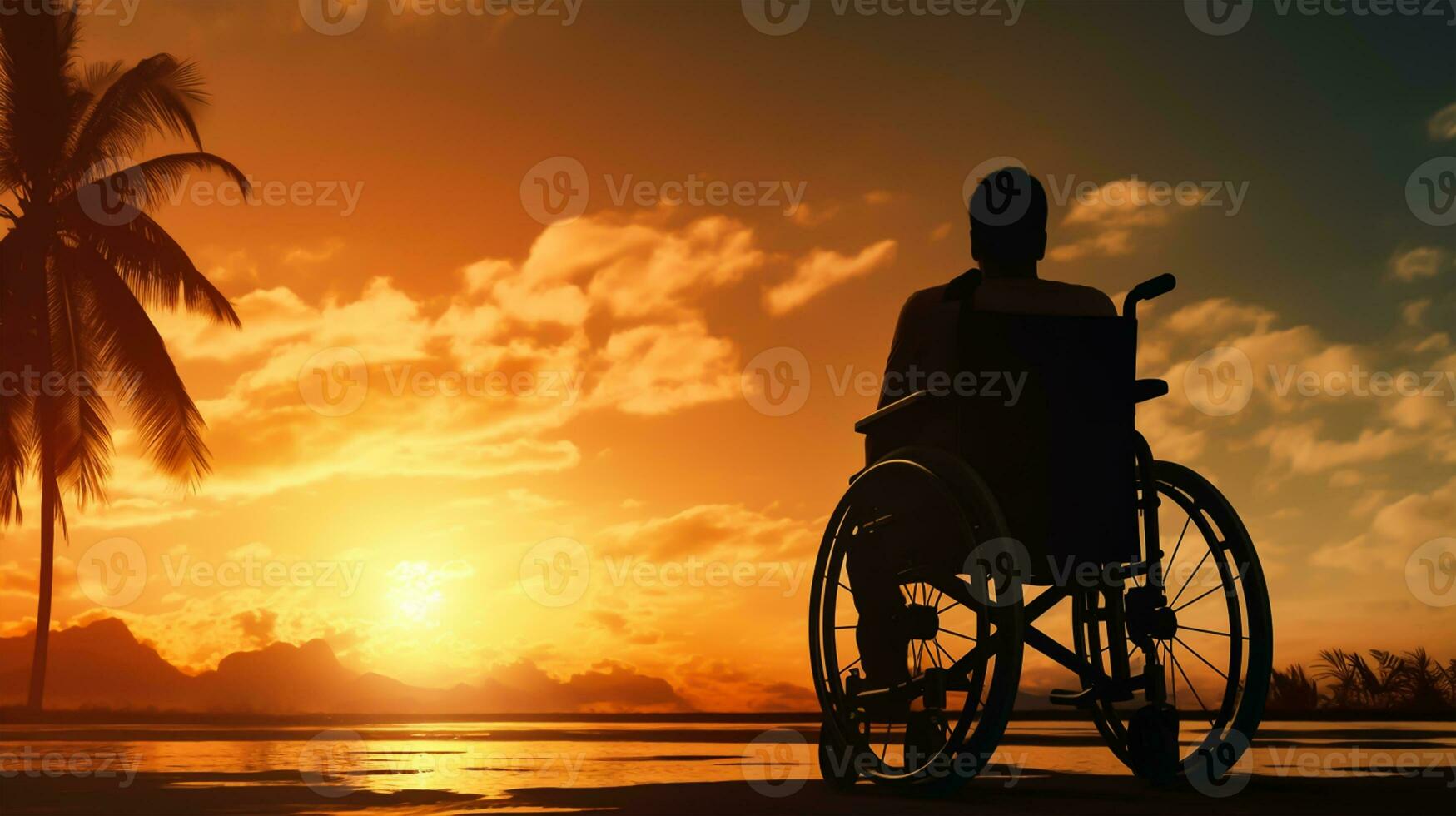 silueta de discapacitado hombre en silla de ruedas a el playa durante atardecer, inhabilitar día foto