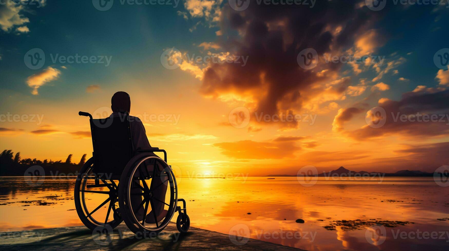 Silhouette of disabled man on wheelchair at the beach during sunset, Disable day photo