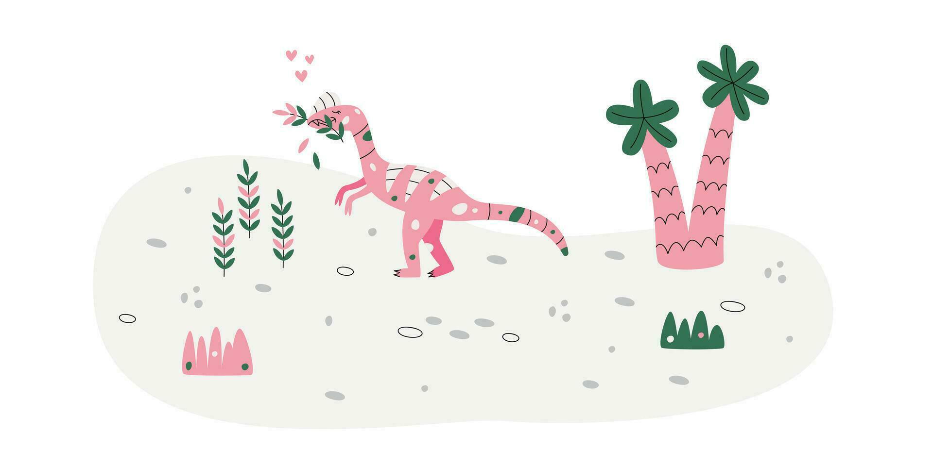 Flat hand drawn vector scene with dinosaur palm flowers and grass