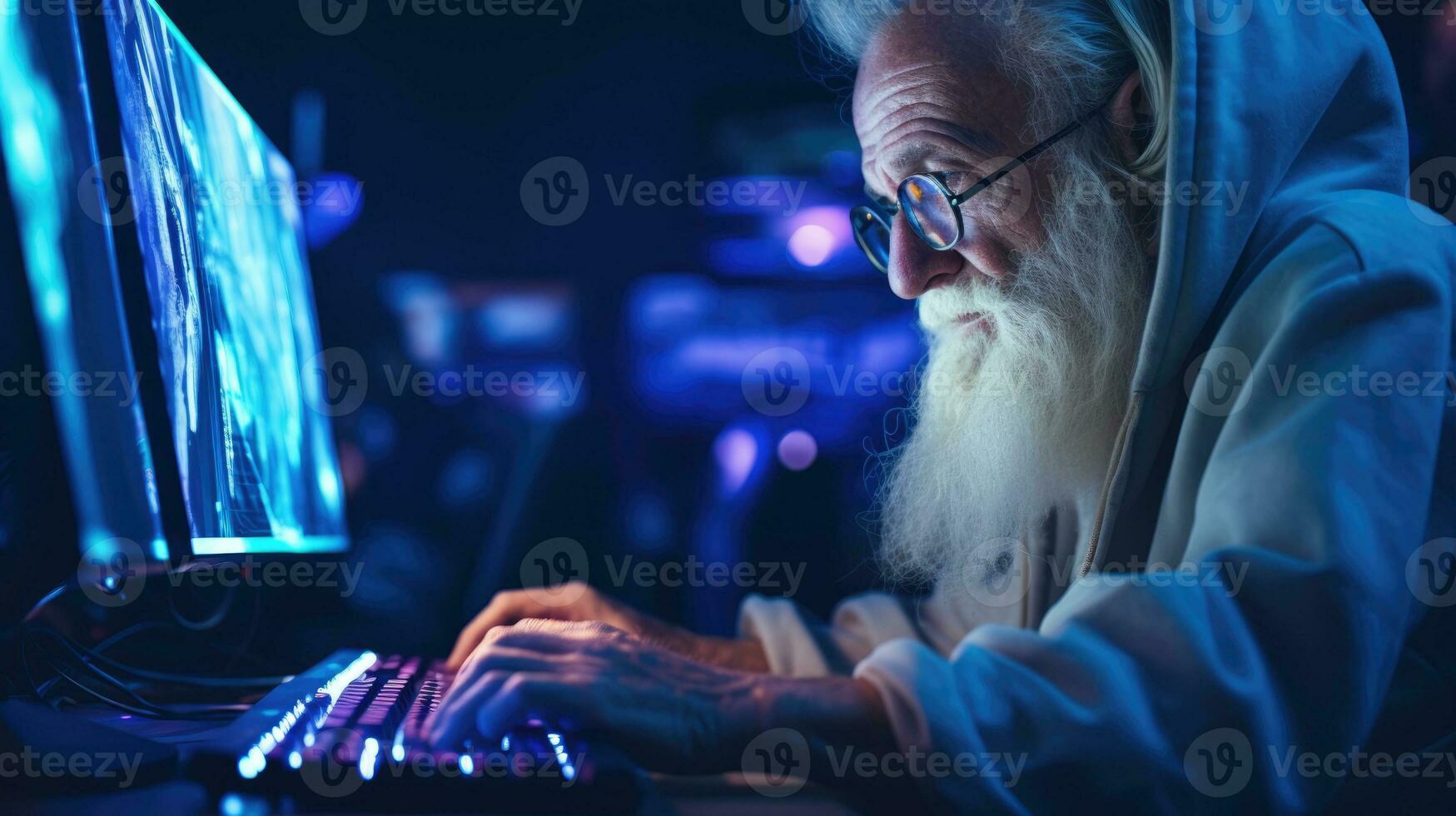 Old man playing on computer late at night in Modern computer club. photo