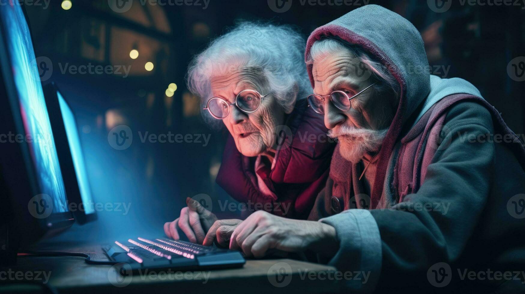 Funny elderly couple are playing computer games. Old gamers in a computer club. photo