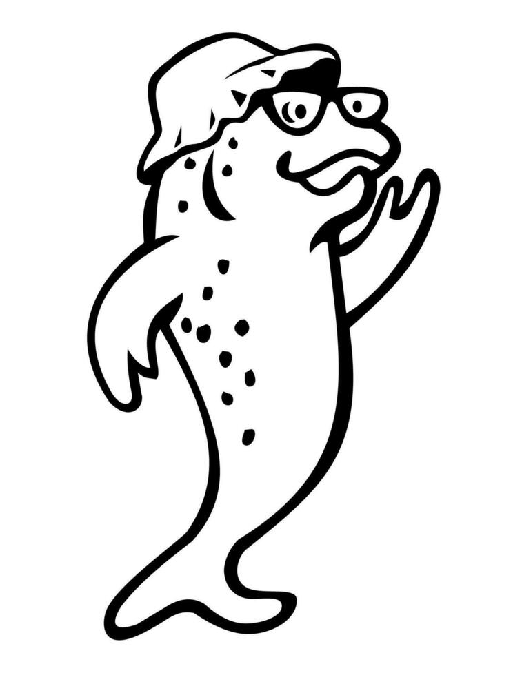 Salmon or Trout Fish Wearing Bucket Hat Waving Hello Standing Mascot Black and White vector