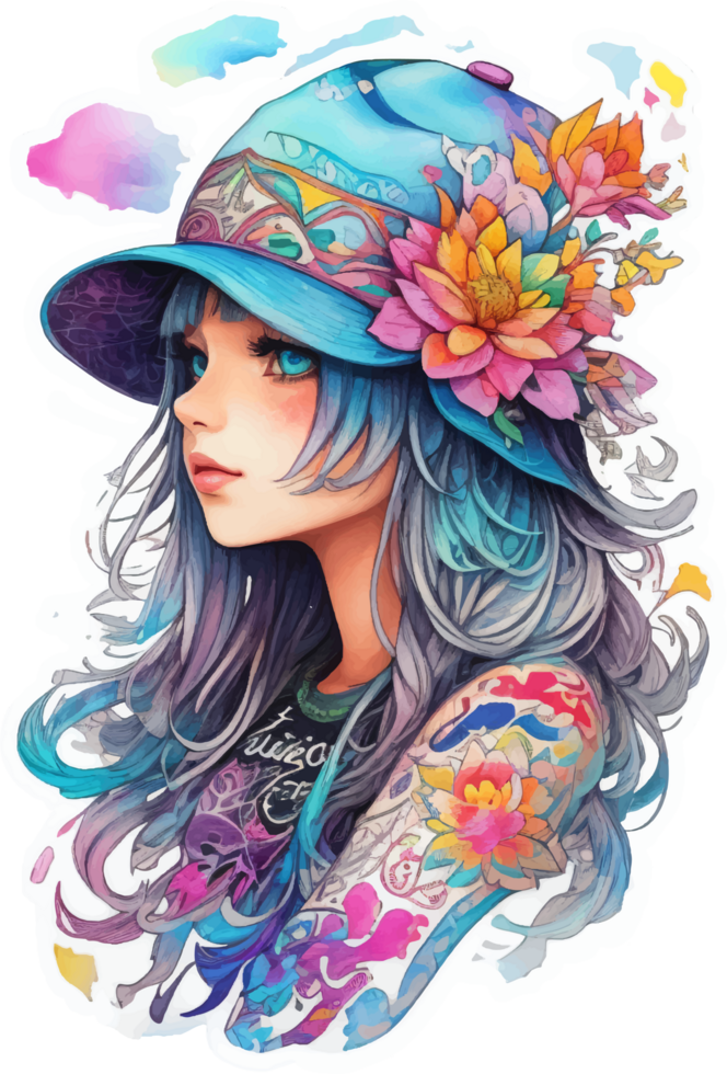 Beauty Girl Wearing Flower Hat Illustration with AI Generative png