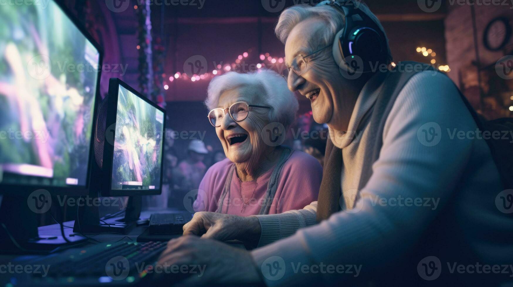 Funny elderly couple are playing computer games. Old gamers in a computer club. photo