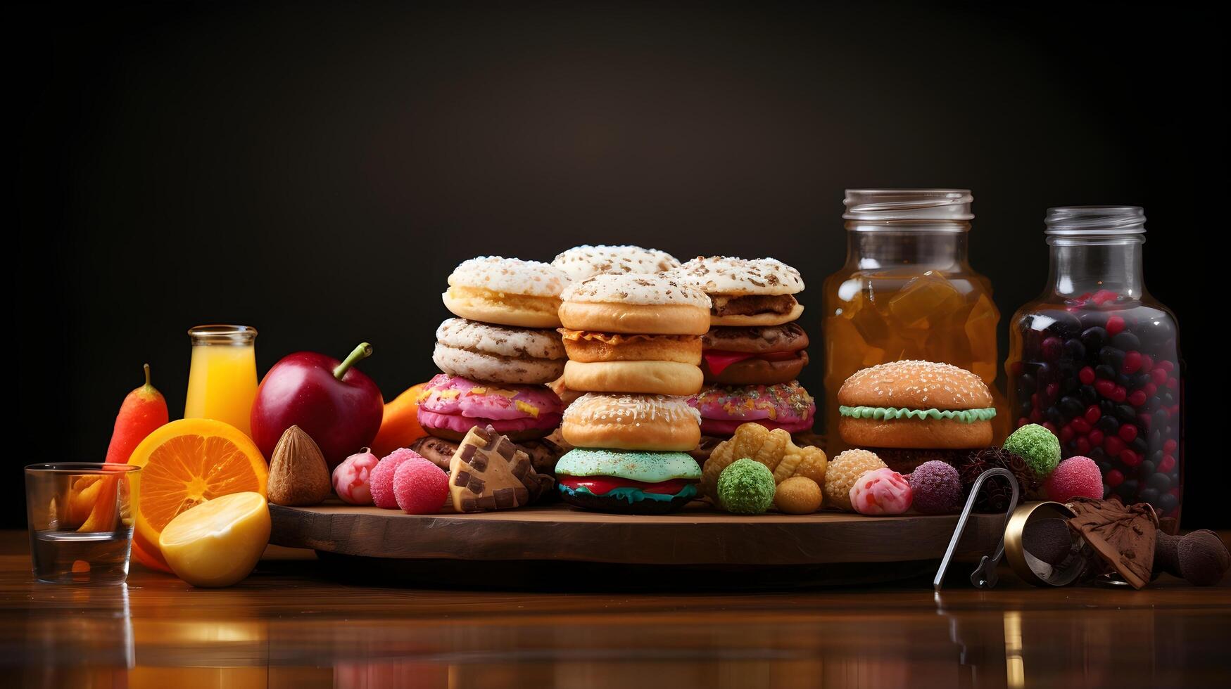 various types of sweet food on a wooden table. AI Generated photo