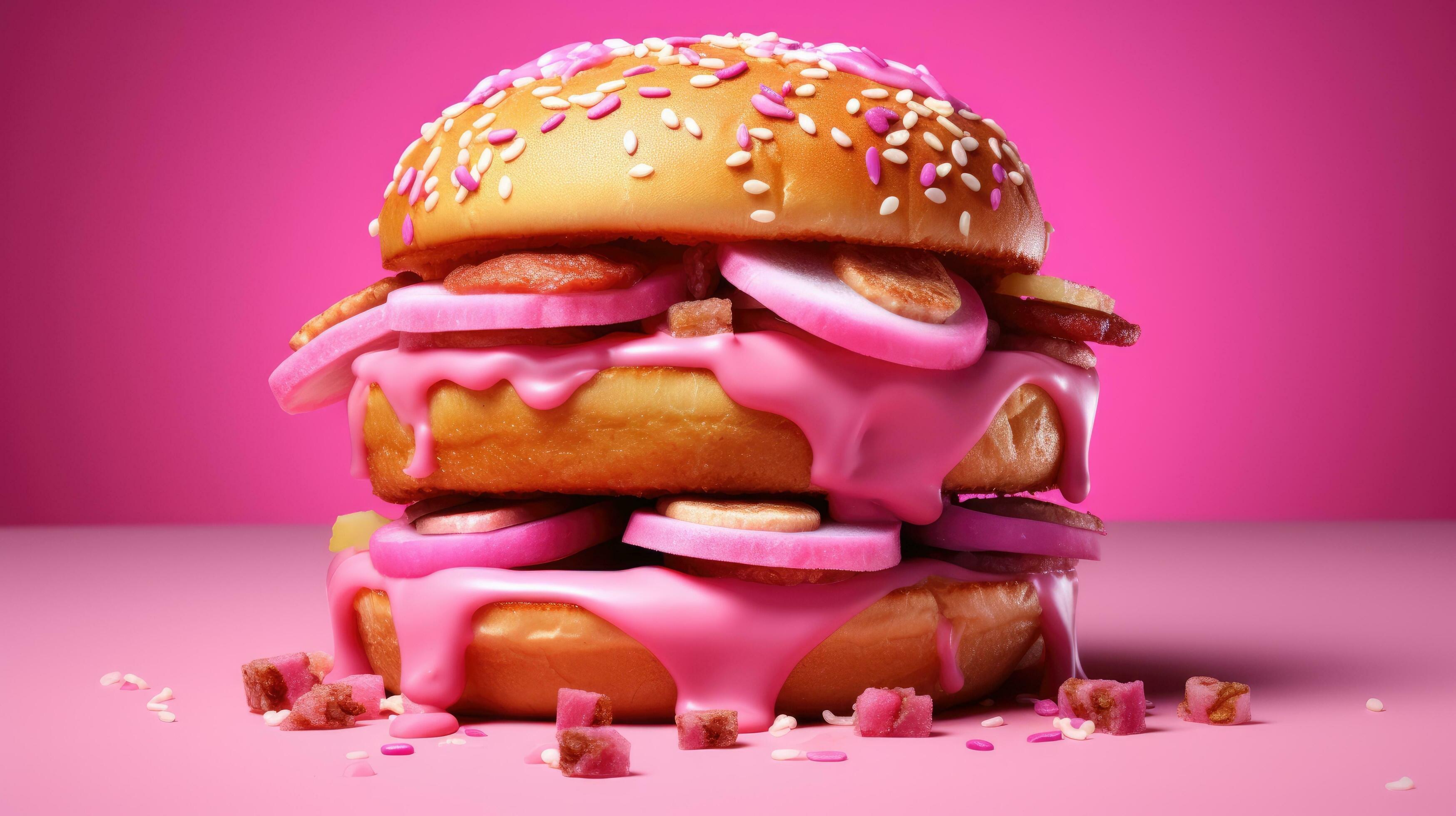 Delicious pink burger isolated on pink background. A unique pink sauce