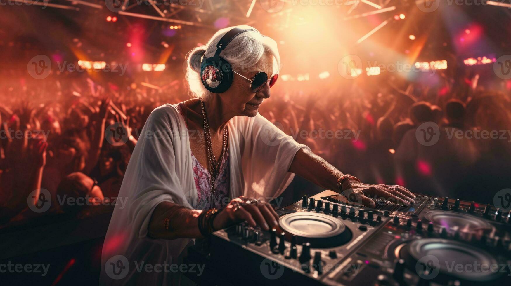 Bright elderly woman DJ at a rave. Techno party in the club. Grandma DJ. photo
