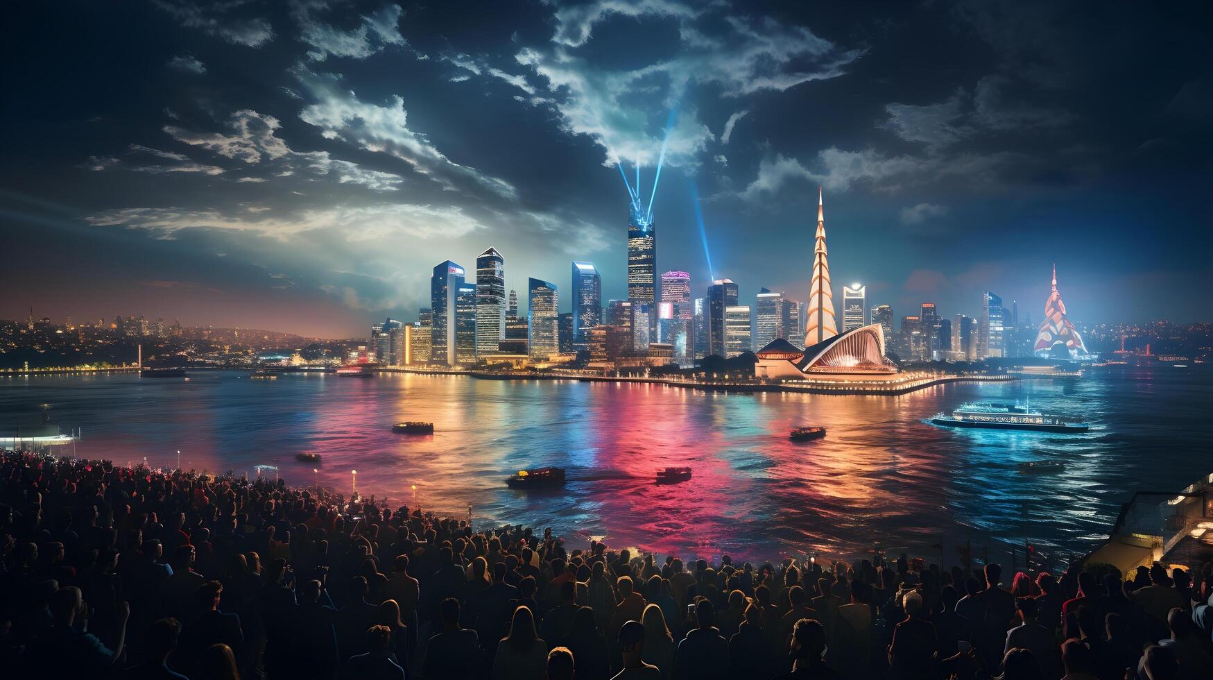 a crowd of people watching the city skyline at night. photo