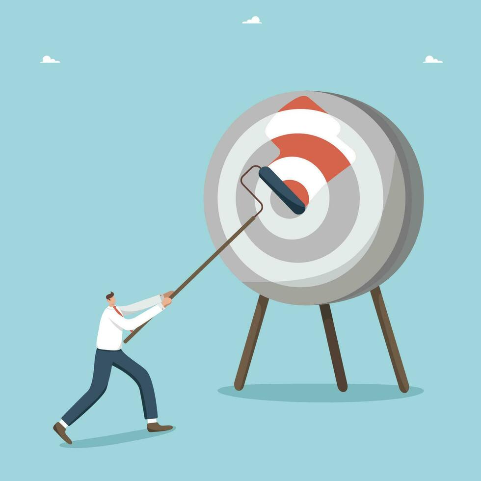 Motivation in achieving business goals, creativity and logical thinking to find right strategy, accuracy in setting work tasks and completing them right on target, man paints dart board with roller. vector