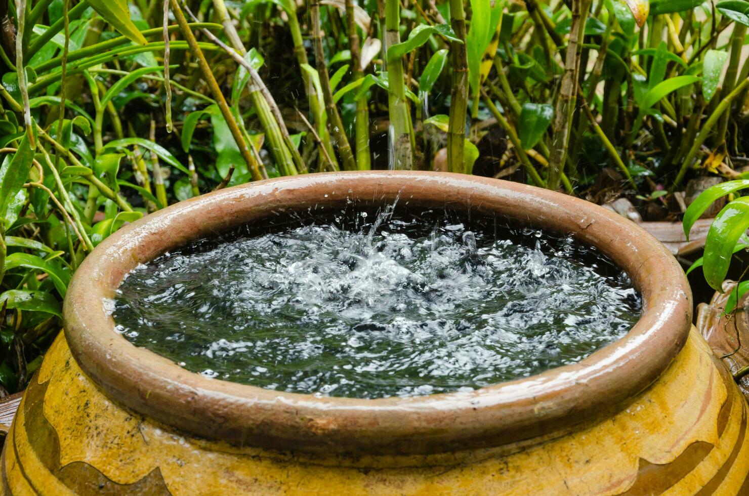 Rain Pouring Down to Pottery Jar photo