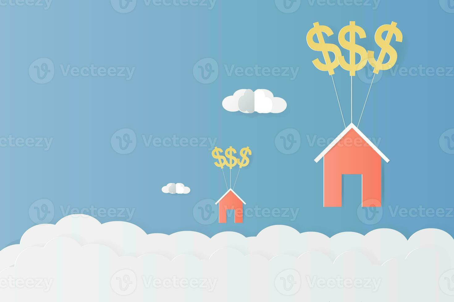 House hanging with dollar sign balloon and cloud paper art vector illustration design for asset management and finance concept photo