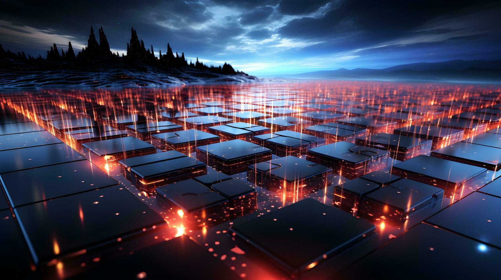 a futuristic landscape with many squares and lights. AI Generated photo
