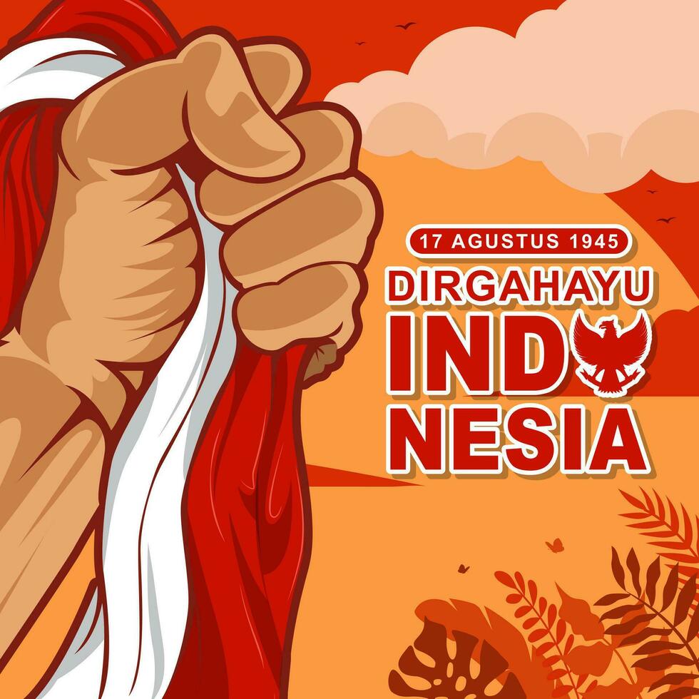 hand clenched flag design greeting Dirgahayu Republik Indonesia. vector illustration