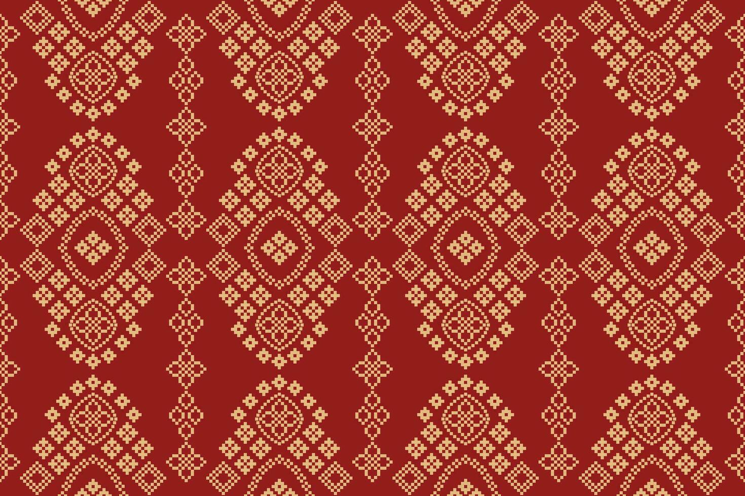 étnico geométrico tela modelo cruzar puntada.ikat bordado étnico oriental píxel modelo rojo antecedentes. resumen, vector, ilustración. textura,ropa,marco,decoración,motivos,seda fondo de pantalla. vector