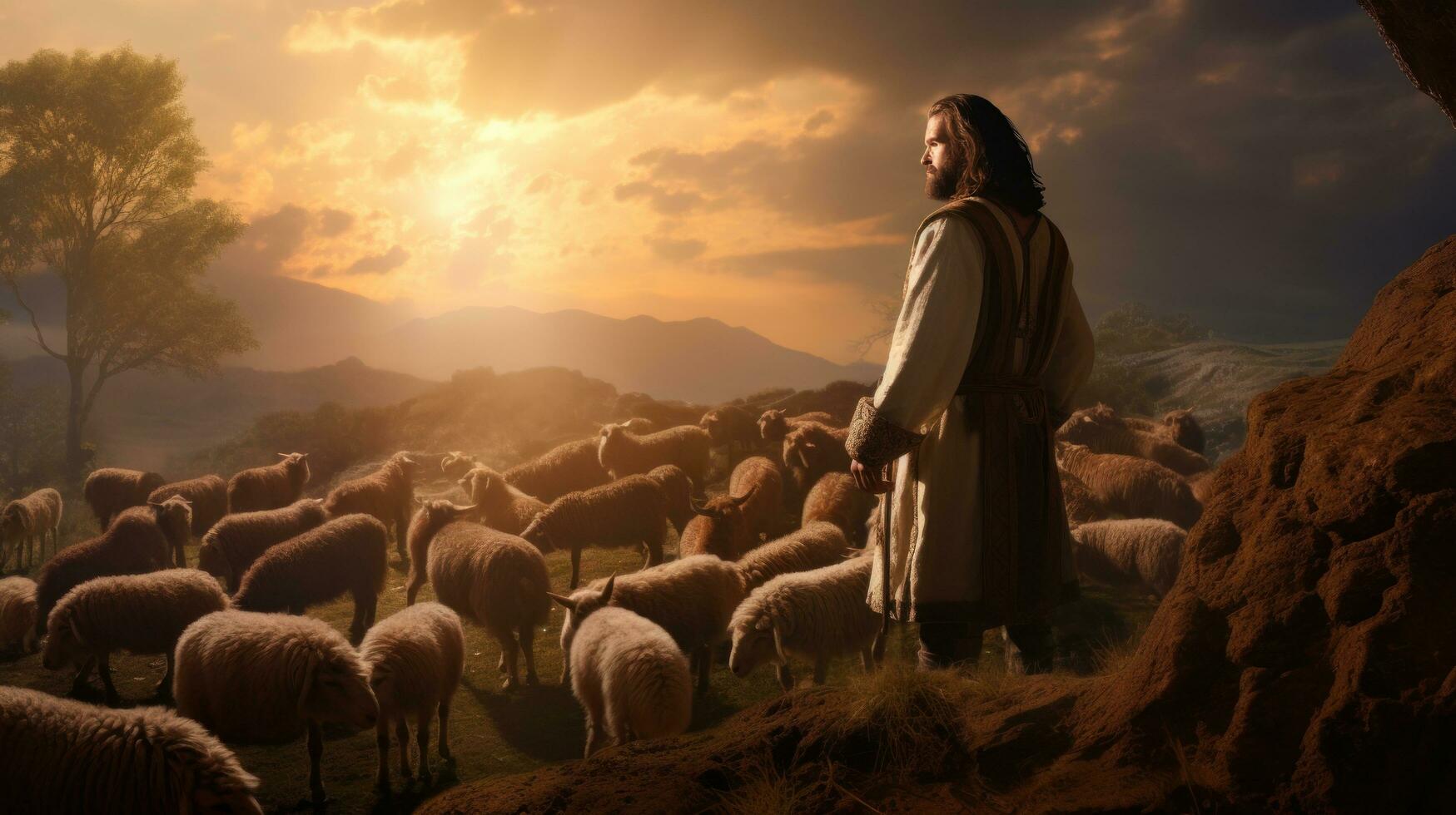 Jesús pastorear el oveja en noche cielo foto