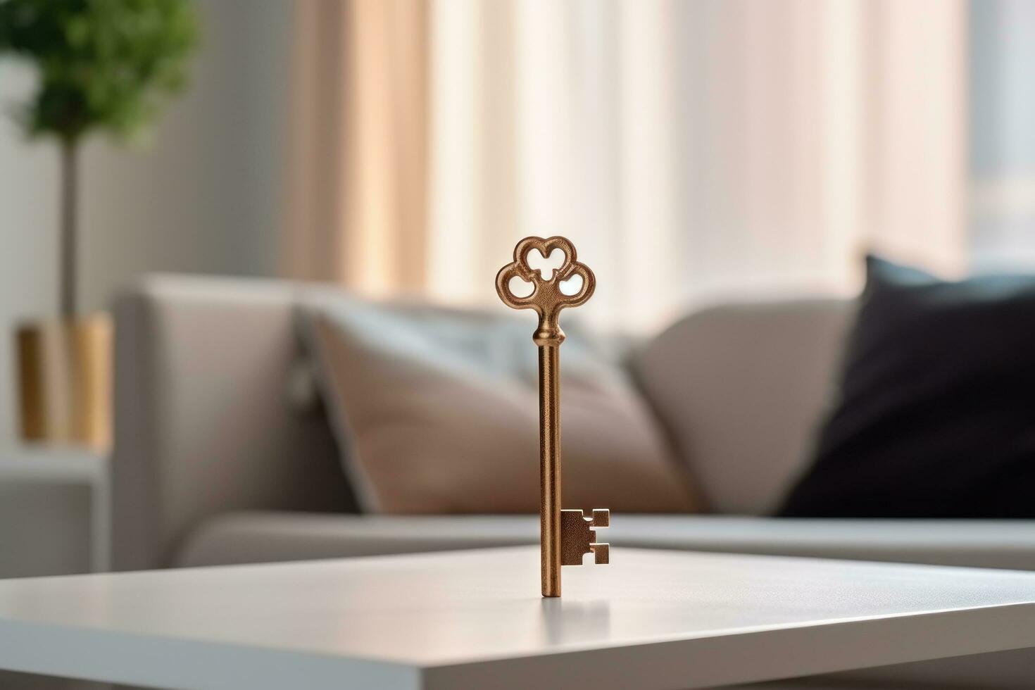 Key is on the wooden desk in the living room photo