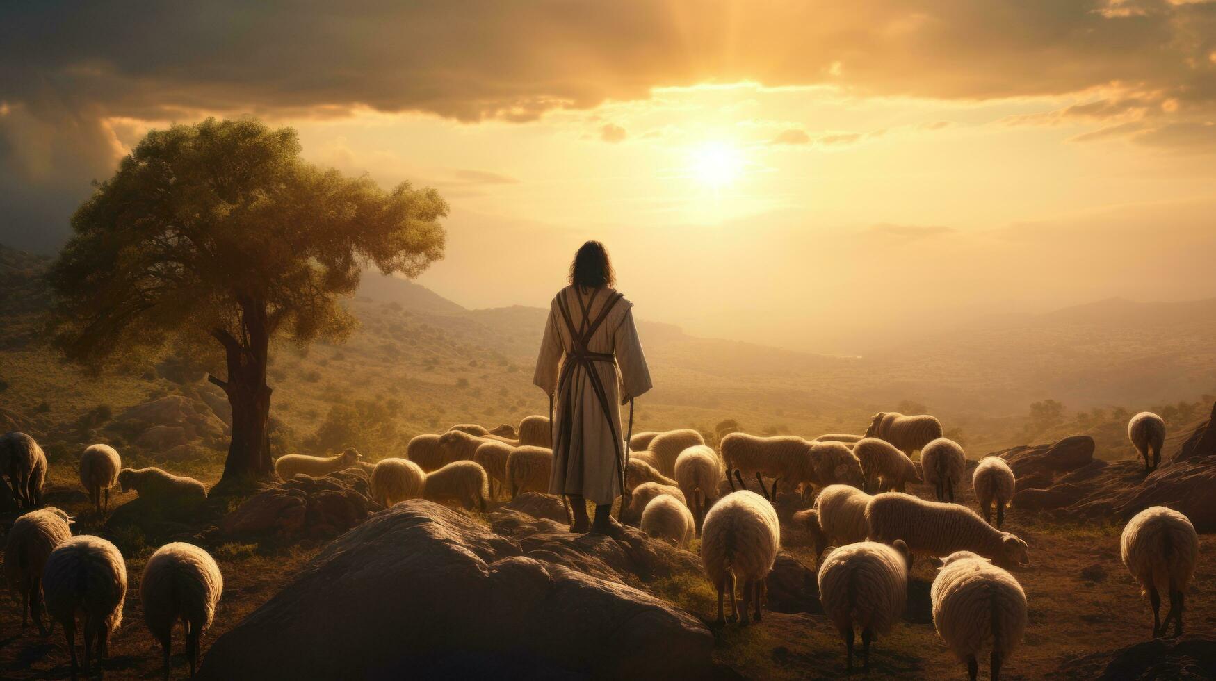 Jesus shepherding the sheep in evening sky photo