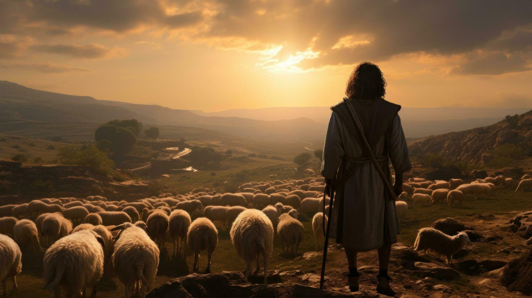 Jesus shepherding the sheep in evening sky photo