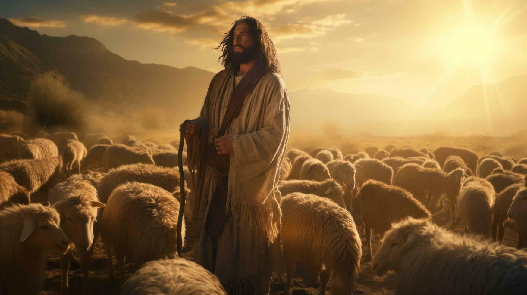 Jesus shepherding the sheep in evening sky photo