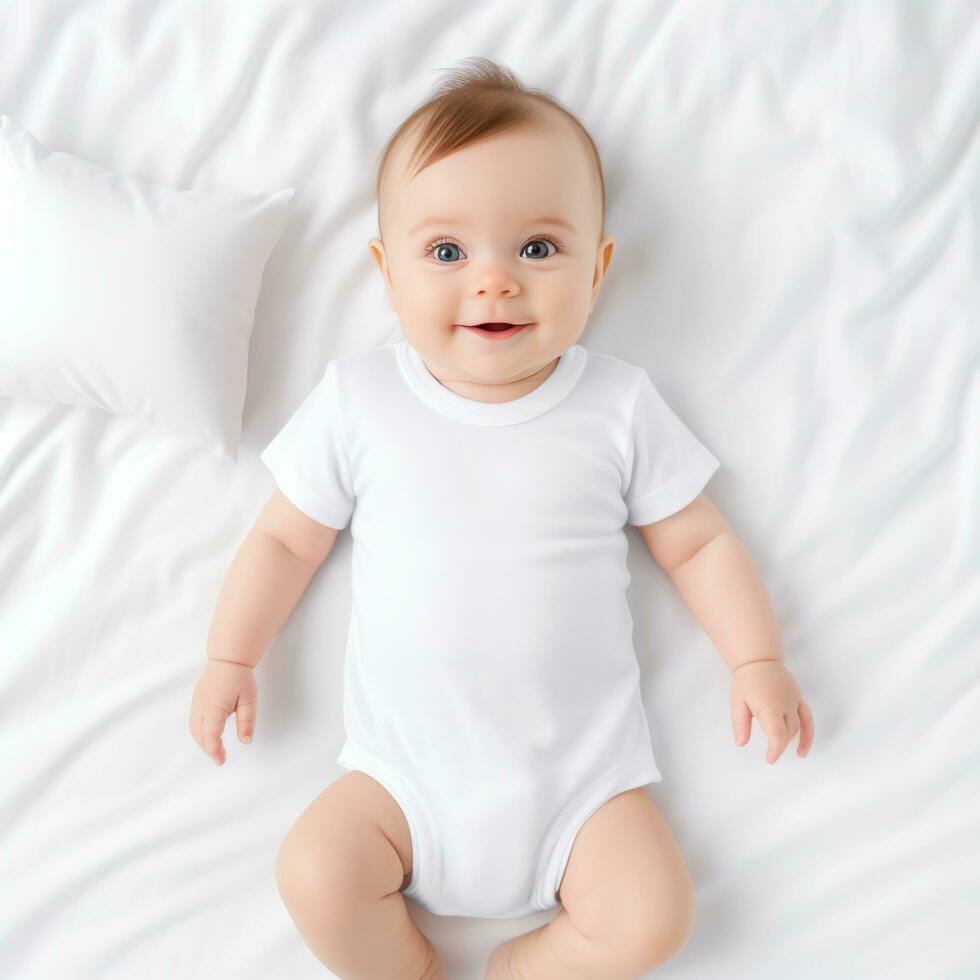 Cute baby child in white mockup t-shirt photo