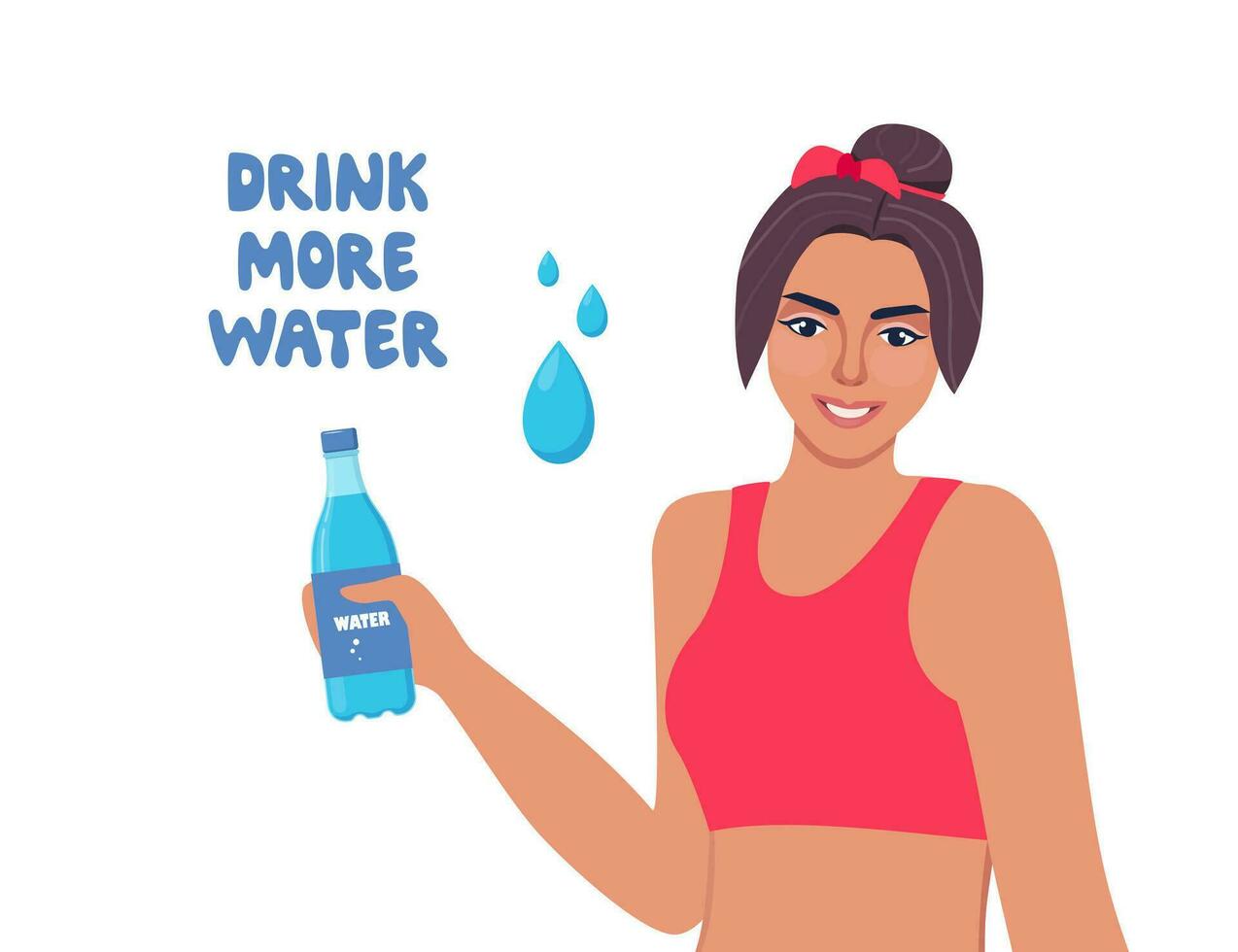 Attractive young woman holding plastic bottle of drinking water. Fitness and health. Drink more water concept. Vector illustration.