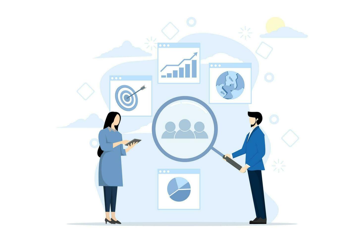 concept of analysis and market research. goals, planning, advice, experts, strategy, support and success. Minimal vector infographic. flat vector illustration on a white background.