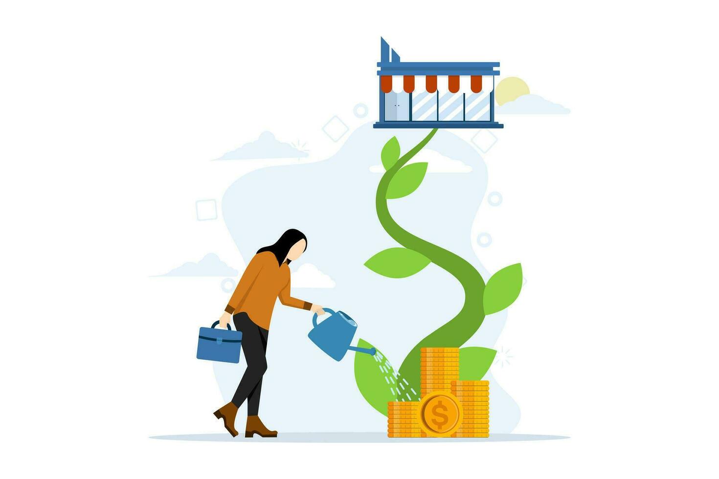 concept develop your shop and earn more profit, expand shop front or grow business, marketing to promote store revenue increase, businessman pouring water for growing plants with flowers big shop shop vector