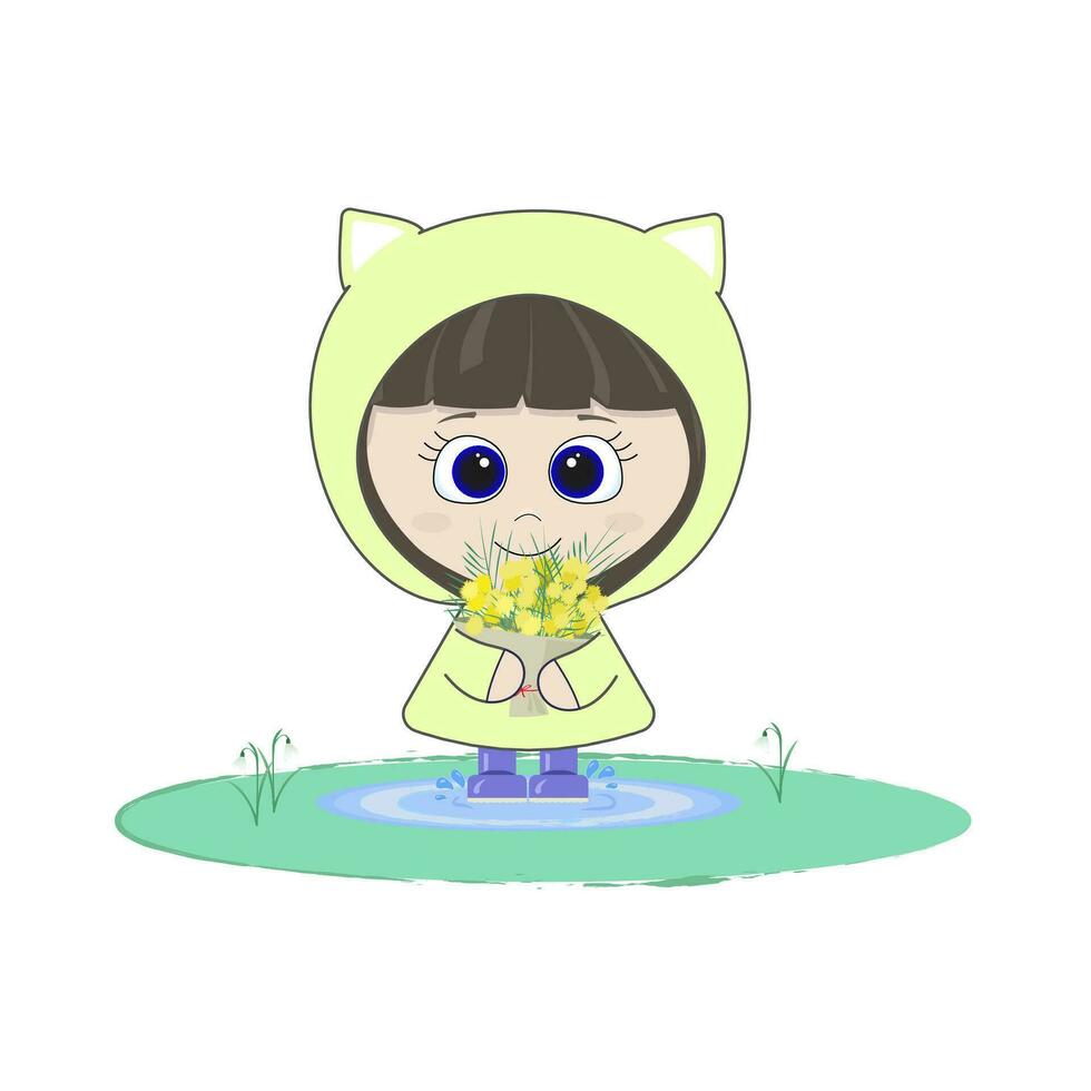 little girl in yellow raincoat, vector illustration