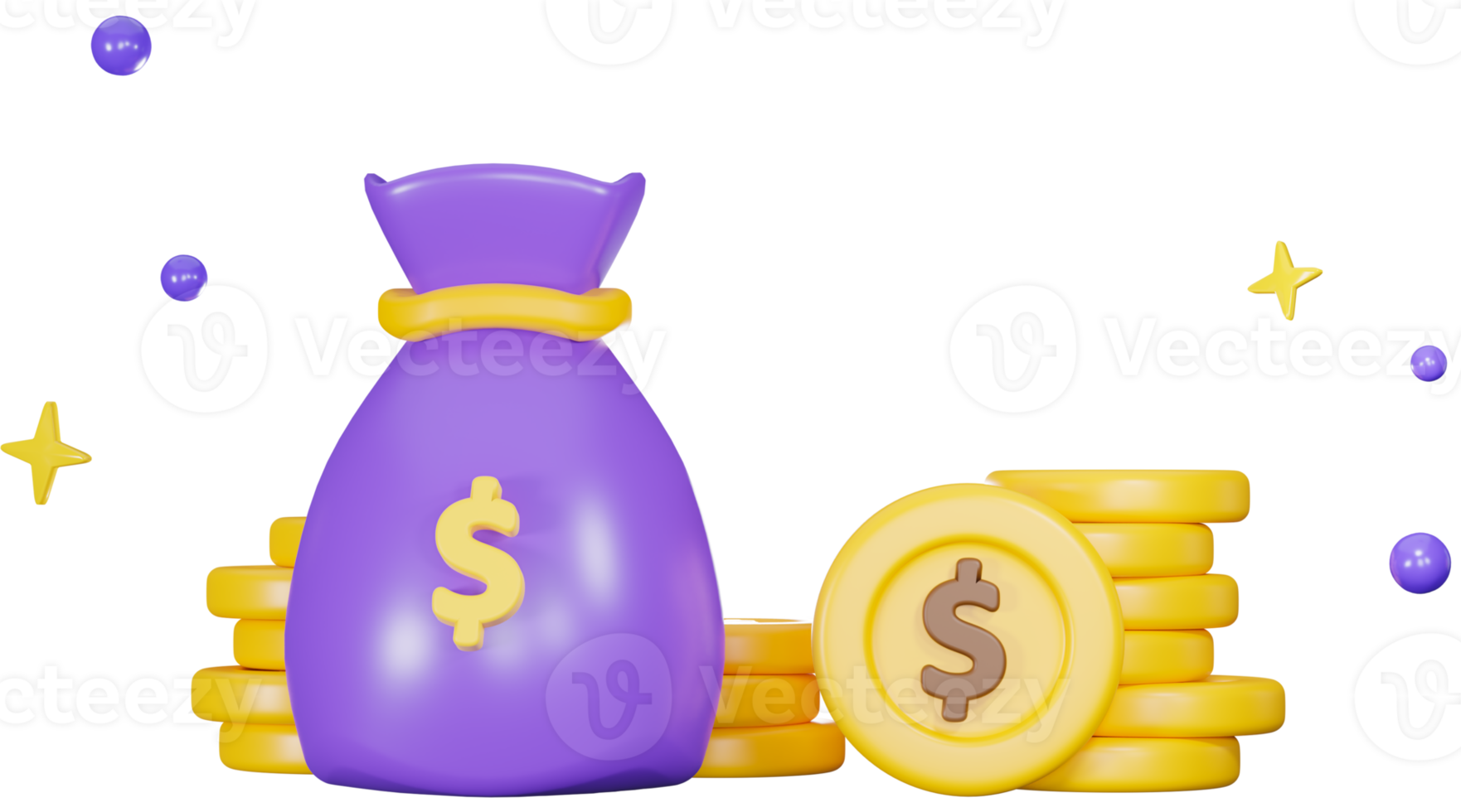 3d purple money bag with dollar icon. The pile of coins in cute cartoon style. png