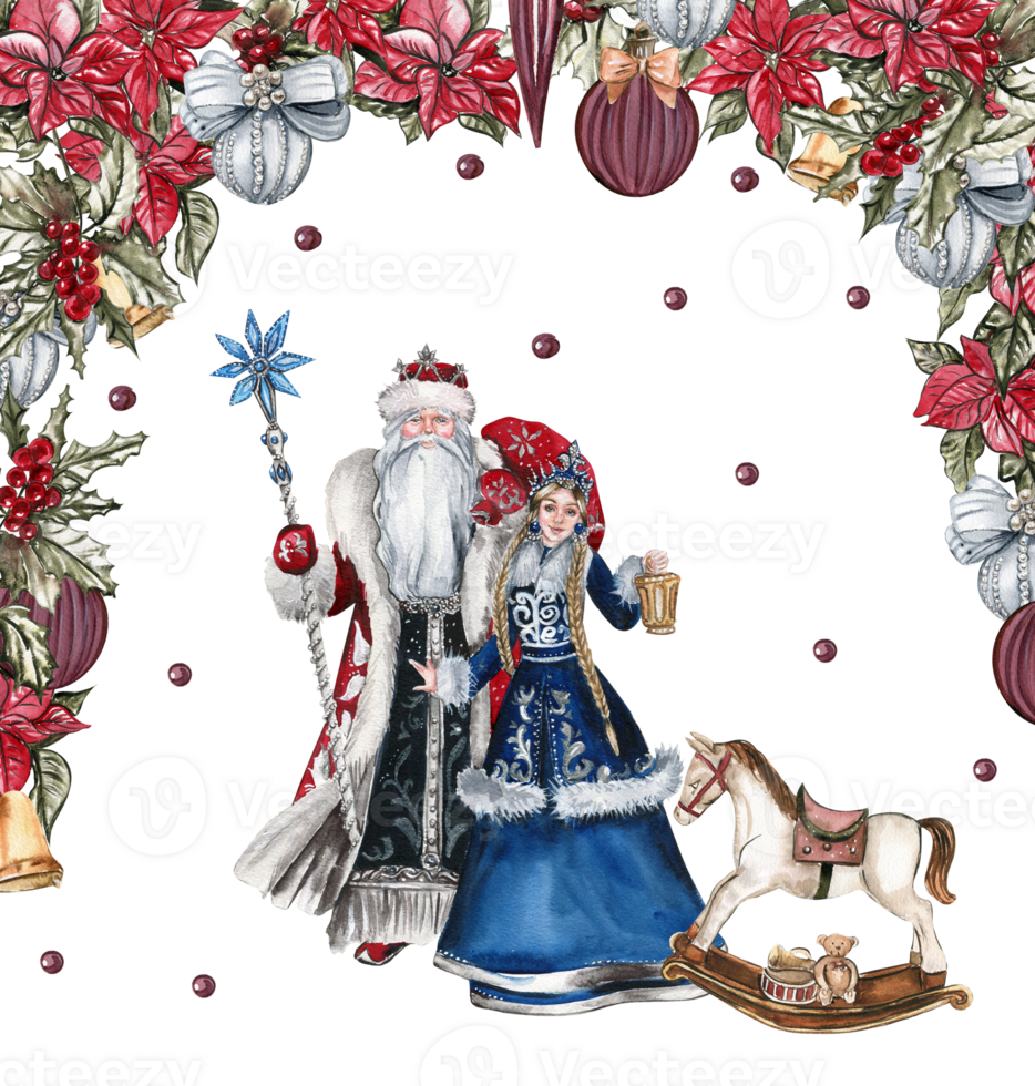 Composition of Santa Claus with Christmas stick,long white beard in red coat with Snow Maiden in a blue coat. png