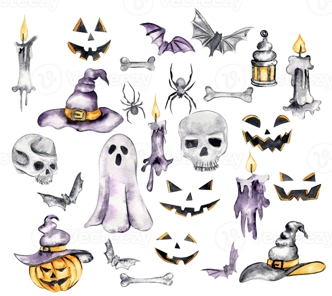 A set with skulls, hat, pumpkin, horror face, candle. png