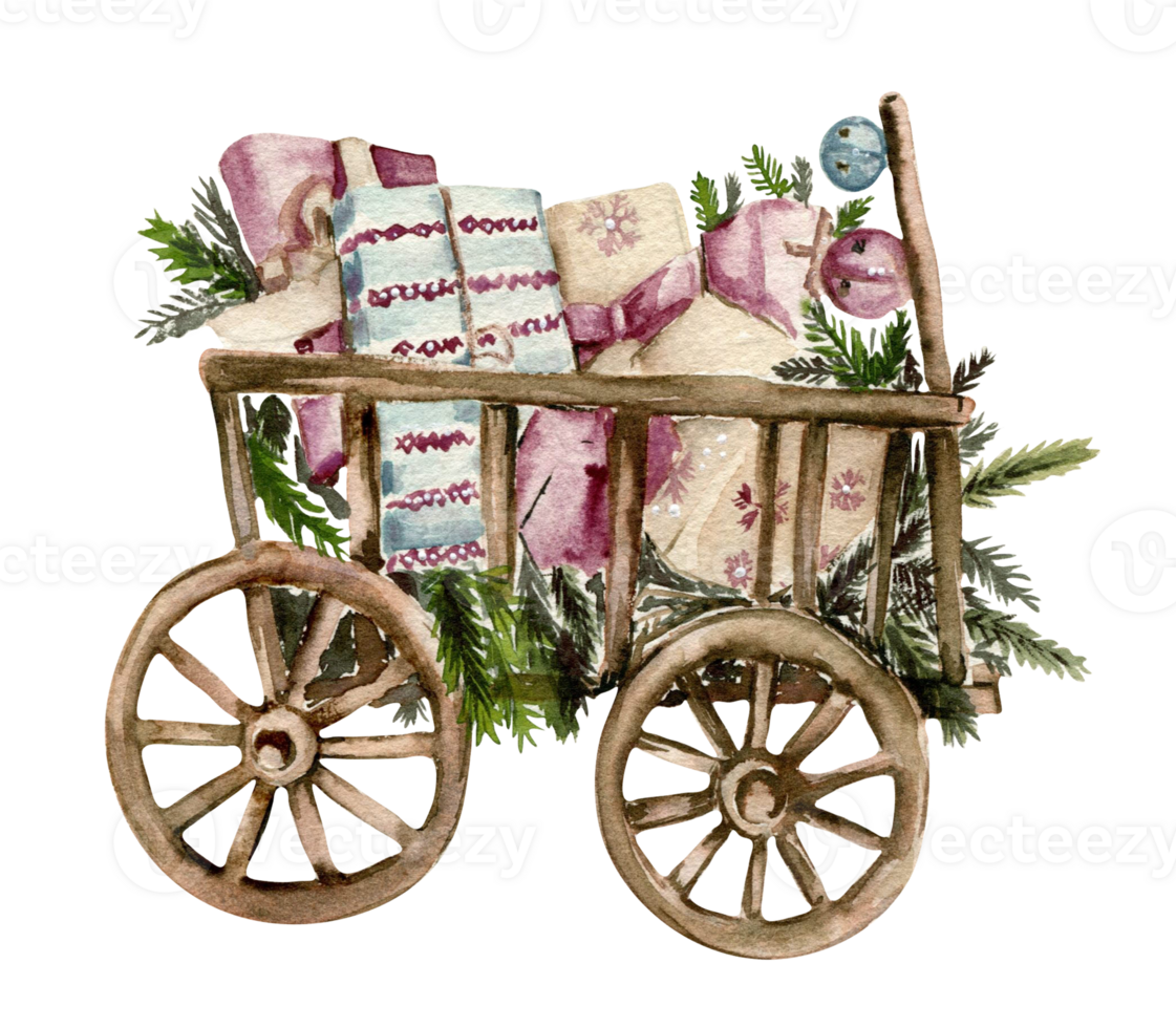 Wooden cart with present boxes. png