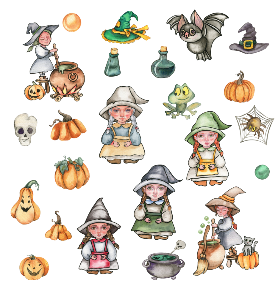 A set of little witch in hat, pumpkins,skull, frog. png