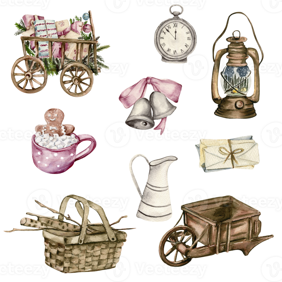 Watercolor winter Christmas elements watches ,candle, bells. png
