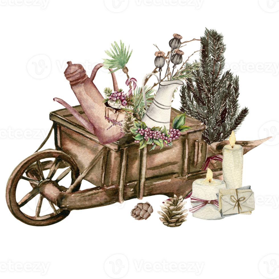 Wooden cart with present boxes. png