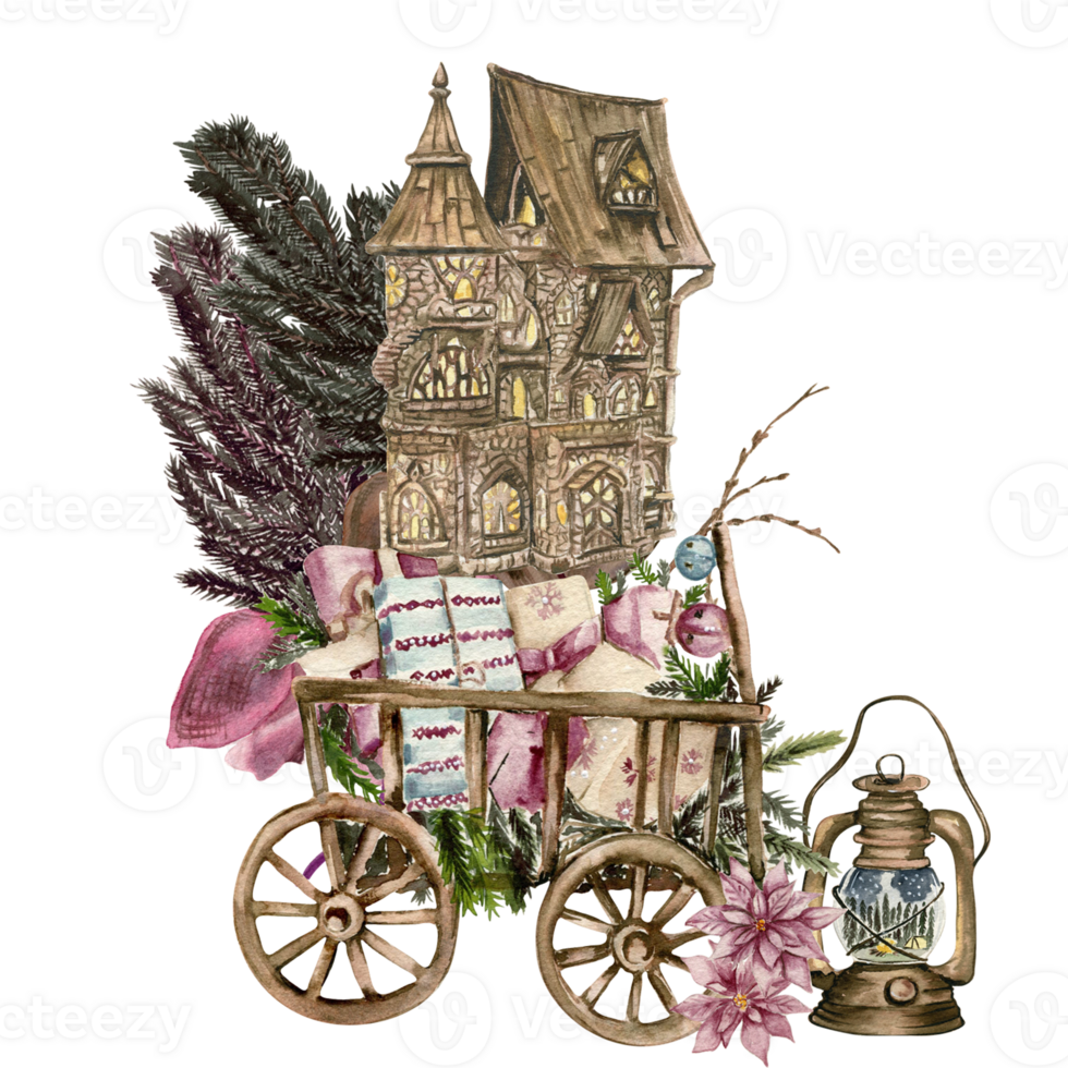 Wooden cart with present boxes. png