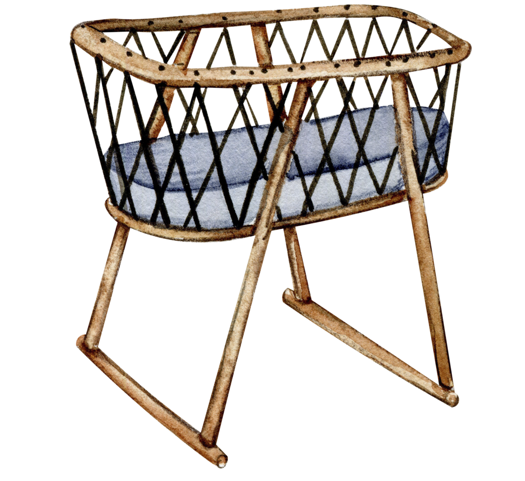 Watercolor baby wicker cradle. png