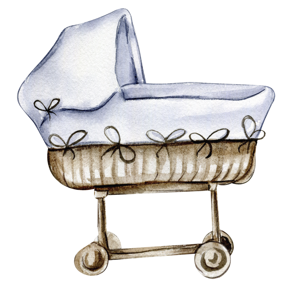 Watercolor baby wicker cradle. png