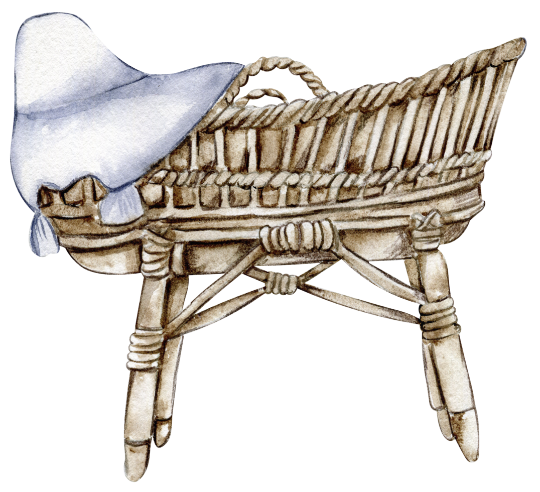 Watercolor baby wicker cradle. png