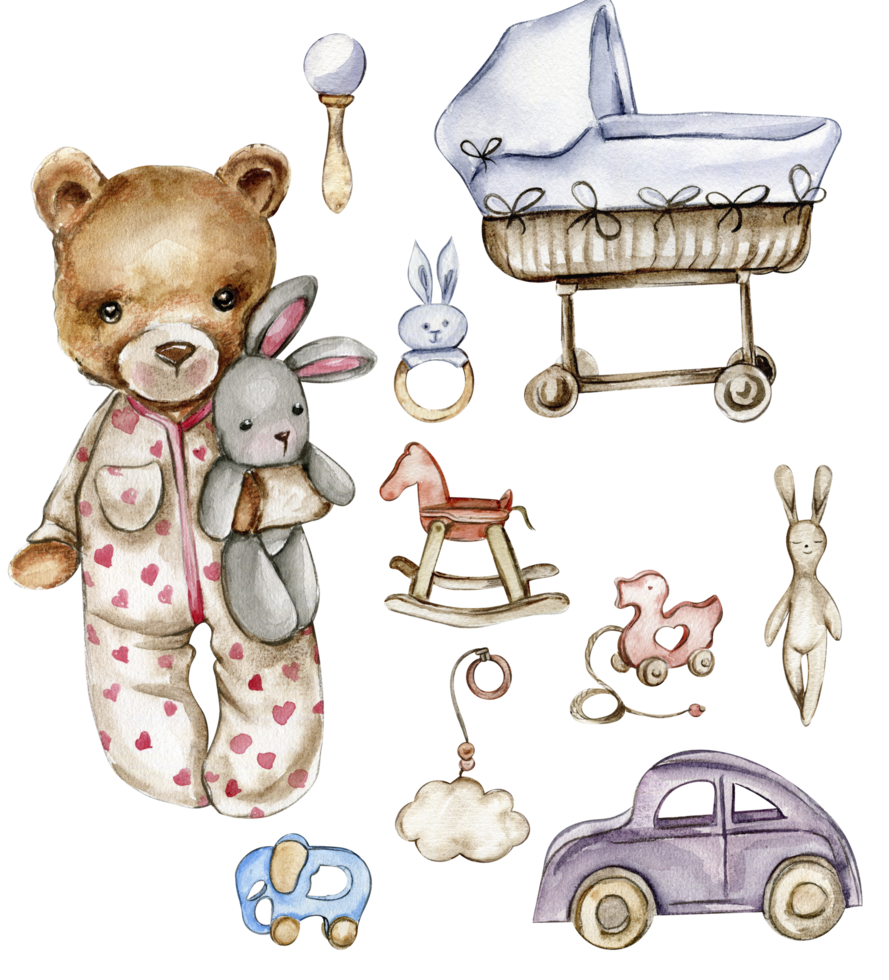 Set of watercolor baby toys and teddy bear. Wood kids toys watercolor hand drawn. Educational wooden blocks and objects for toddlers png