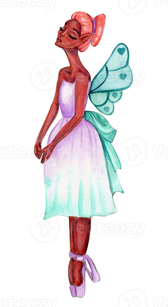 Cartoon fairy in lavender dress with magic wings. png